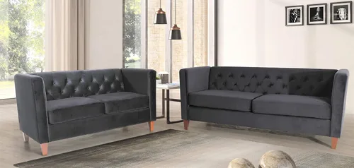 Vista 10 de Container Furniture Direct Muebles clásicos con capitoné y modernos para sala de estar, sofá universitario con relleno, cómodo sofá biplaza de Gris