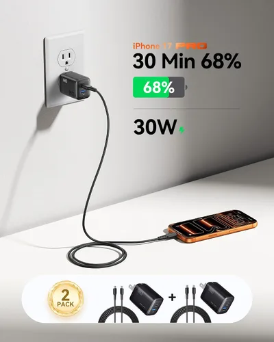Vista 2 de INIU Paquete de 2 cargadores tipo C de 30 W de carga rápida y cable de carga USB C INIU de 6.6 pies, cable de carga rápida USB A a tipo C de 3.1 A