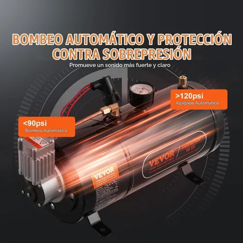 Vista 3 de VEVOR Compresor de aire de 12 V con tanque de 0.8 galones/3 L, compresor de aire de bocinas de tren, sistema de compresor de aire a bordo de 120 psi