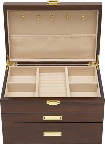 Vista 7 de LOYALHEARTDY Joyero de madera de 3 capas, organizador grande para mujeres, para anillos, collares, aretes, pulseras, caja de almacenamiento