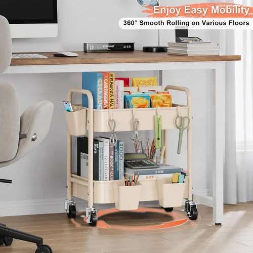 Vista 4 de Carrito pequeño de 2 niveles beige con ruedas, carrito de pañales para artículos esenciales para el cuarto de bebé, carrito de metal para debajo