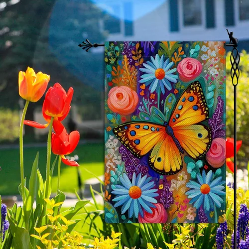 Vista 4 de Bandera de jardín de mariposa para primavera y verano, floral, bandera de jardín, vertical, de doble cara, rústica, arpillera, patio, césped