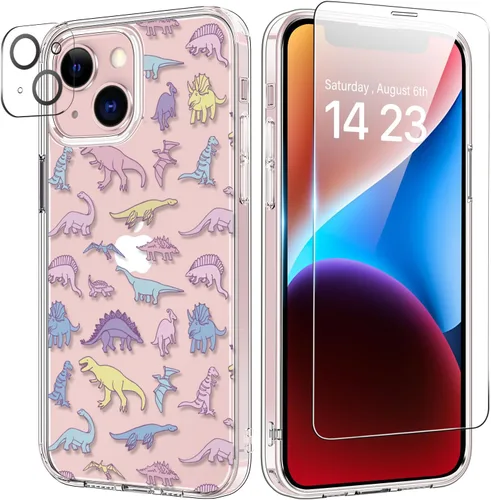 Vista 55 de bicol Funda para iPhone 14 Plus con Protector de Pantalla y Lente de Cámara - Diseños Florales de Moda para Mujeres y Niñas - Funda Transparente