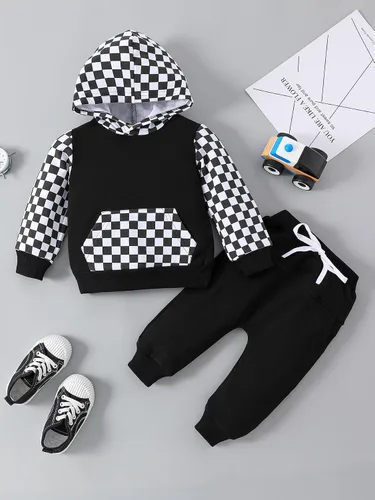 Vista 3 de Meiweileya Conjunto de sudadera con capucha y pantalones sólidos para bebé niño para otoño e invierno