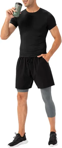 Vista 31 de Pantalones de compresión de 3/4 de una pierna para hombre, mallas de baloncesto atléticas para correr, leggings deportivos de capa base capri