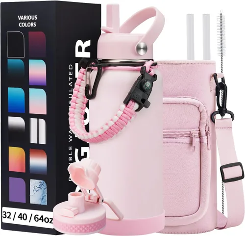 Vista 36 de Botella de agua aislada de 1 galón, con popote y tapa de pico automático, mango de paracord, funda para botella, botella de agua de acero inoxidable