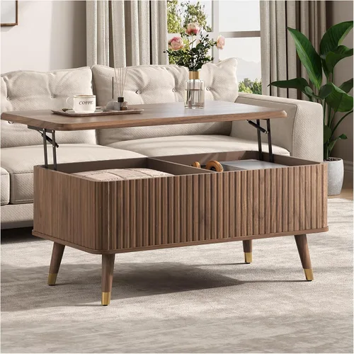 Vista 10 de Mesa de centro elevable con almacenamiento, mesa central negra de 32 pulgadas para sala de estar, mesa de comedor cuadrada con patas de madera maciza