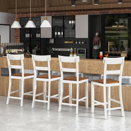 Vista 2 de Giantex Juego de 4 Taburetes de Bar de Madera de Altura de Mostrador, 24.5" Sillas de Bar de Comedor de Madera Estilo Granja con Marco de Madera