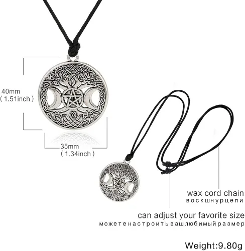 Vista 3 de QIAN0813 Celttic Knot Triple Moon Pentagram Pentacle Star Wicca Pendant Necklace Round Pagan Jewelry