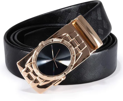 Vista 4 de Barry.Wang Cinturón de trinquete para hombre con hebilla automática sólida, correa de cuero genuino de 1.378in de ancho ajustable