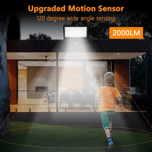 Vista 3 de Lámpara de pared solar para exteriores, 1050 lm IP65 impermeable tipo 2, lente óptica 104 LED, 3 modos de iluminación, luz de pared con sensor