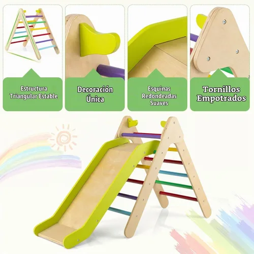 Vista 6 de HONEY JOY Escaladora triangular con rampa, escalera triangular para niños para guardería, gimnasio y parque infantil, juguetes de escalada Colorido