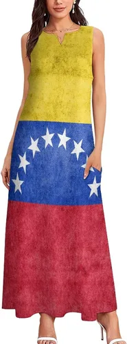 Vista 2 de Vestido largo hasta el tobillo de la bandera de Venezuela para mujer, sin mangas, de verano con bolsillos