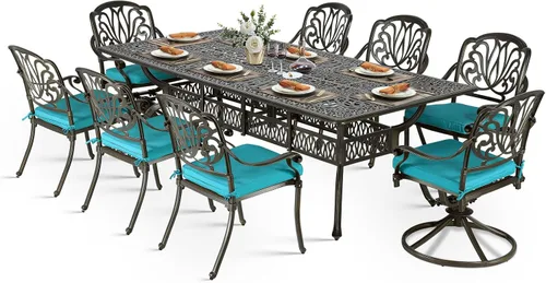 Vista 18 de VIVIJASON Juego de comedor al aire libre de 9 piezas, juego de mesa y sillas de patio de aluminio fundido para 8, incluye mesa rectangular de 94.5