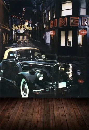 Vista 6 de AOFOTO Fondo de esquina de calle vintage de 5 x 7 pies, telón de fondo retro para fotografía de automóvil, nostalgia, edificios urbanos, niños