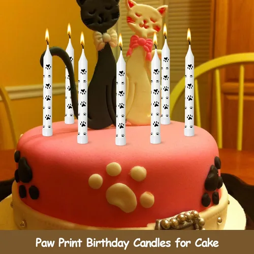 Vista 6 de 12 velas de cumpleaños temáticas con estampado de patas para pasteles, cupcakes, perros, patrulla de perros, velas para mascotas, cachorros, gatos