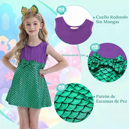 Vista 4 de HenzWorld Vestido de Sirena para Niñas Pequeñas, Vestido de Princesa Sirena, Ropa de Disfraz, Cosplay, Fiesta de Cumpleaños con Diadema Vestido +