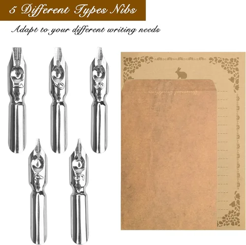 Vista 4 de Juego de bolígrafo y tinta, juego de bolígrafos de caligrafía con sello de cera, tinta, puntas de repuesto, cuchara, papel de carta de sobre, cera