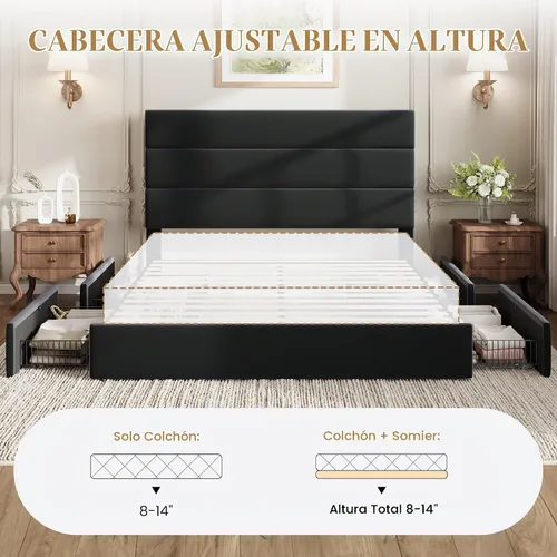 Vista 9 de SHA CERLIN Base de cama de plataforma de tamaño matrimonial con 4 cajones de almacenamiento, cabecera tapizada de terciopelo, base de colchón