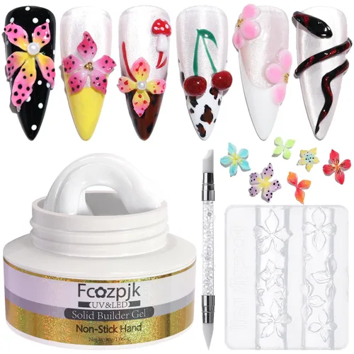 Vista 13 de Fcozpjk Gel constructor sólido de 30g para uñas y gel de esmalte de 15g, gel duro transparente no pegajoso para uñas con lápiz de tallado de Gel