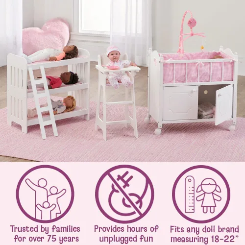 Vista 3 de Silla alta para muñeca con plato, babero y cuchara de la amrca Badger Basket White (se adapta a las muñecas American Girl)