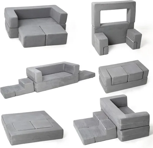 Vista 4 de Sofá modular para niños pequeños, muebles imaginativos para dormitorio, sofá infantil para jugar, dormir, niñas y niños pequeños, gris