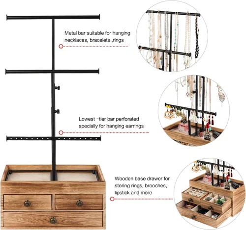 Vista 6 de X-cosrack Organizador de soporte para árbol de joyería soporte de metal de 3 niveles con caja de almacenamiento básica de madera soporte de altura