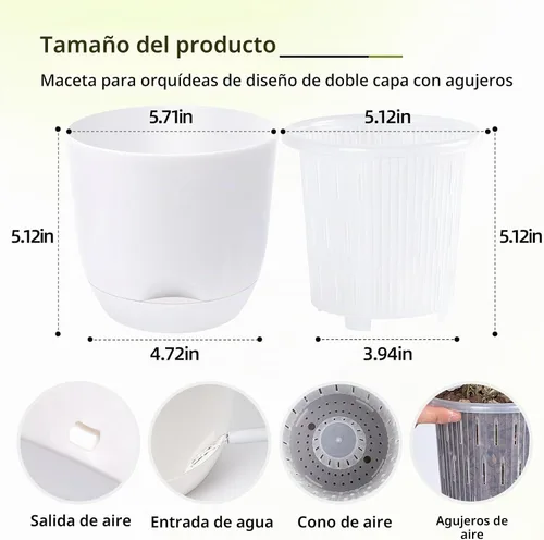 Vista 2 de QCQHDU 2 Pack 5.7Inch Orchid Pots with Holes for Repotting, Double-Layer and Self Watering Orchid Pot with Good Air Circulation Blanco