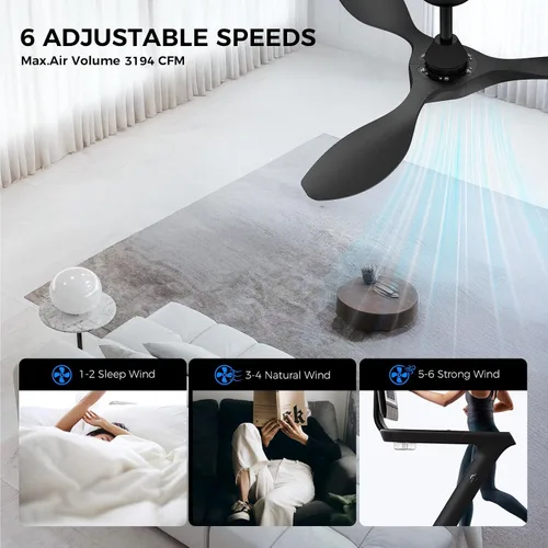 Vista 5 de Roomratv Ventiladores de techo con luces y control remoto, motor CC reversible silencioso y silencioso, 6 velocidades, temporizadores, 3 CCT, uso