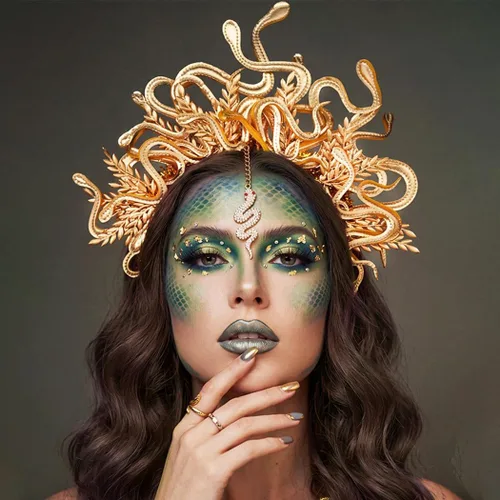 Vista 3 de GORTIN Medusa - Diadema de serpiente dorada para disfraz de Halloween, tocado de diosa griega, mascarada, cosplay, accesorios para el cabello