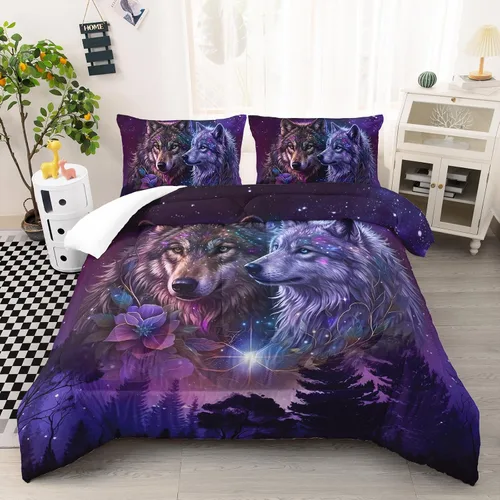 Vista 11 de AILONEN Juego de edredón con cabeza de lobo impresa tamaño individual, juego de ropa de cama de lobo para la noche para niños y hombres, juego