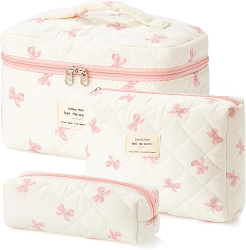 Vista 34 de HBselect Bolsa de Maquillaje Acolchada, 3 Piezas de Gran Bolsa de Maquillaje de Viaje de Algodón, Linda Bolsa de Maquillaje Floral Coquette, Bolsa