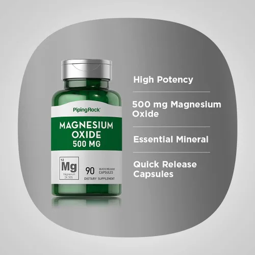 Vista 4 de Piping Rock Cápsulas de óxido de magnesio de 500 mg 90 unidades Suplemento sin OMG, sin gluten Non-GMO, Gluten Free Supplement