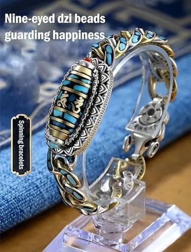 Vista 2 de UBALDI Turquesa Seis caracteres Mantra Nueve Ojos Dzi Bead Bracelet, Pulsera de cuentas de mantra de seis caracteres, Transferencia