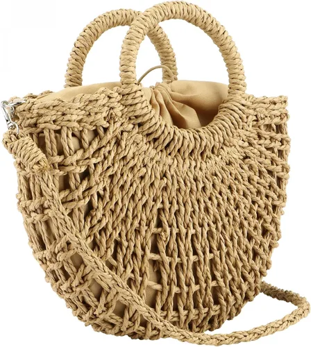 Vista 3 de Bolso de mano de paja tejida con asa superior de verano estilo retro de ratán con correa de hombro extraíble