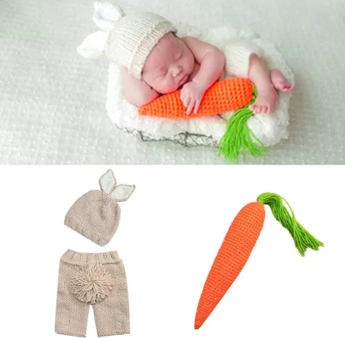Vista 5 de IWEMEK Traje de Pascua para recién nacidos, para niños, niñas, accesorios de fotografía, cumpleaños, hecho a mano, ganchillo, zanahoria, conejo