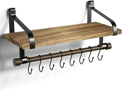 Vista 8 de Love-KANKEI Estantería flotante de pared de madera rústica para almacenamiento, estante de especias de cocina con barra para toallas y 8 ganchos