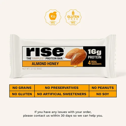 Vista 4 de Rise Barras de proteína de suero para el desayuno con miel de almendra, 18g de proteína, 2.01 oz (paquete de 12)