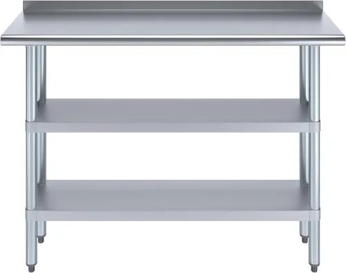 Vista 2 de AmGood Mesa de trabajo de acero inoxidable con protector contra salpicaduras de 1.5 pulgadas y 2 estantes Mesa de cocina de metal para preparación