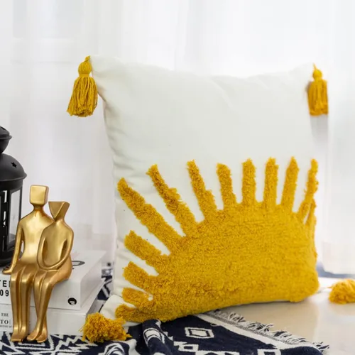 Vista 4 de Funda de almohada tejida con sol amarillo dorado, estilo bohemio étnico, acogedora funda de cojín para dormitorio, sala de estar, sofá, regalo