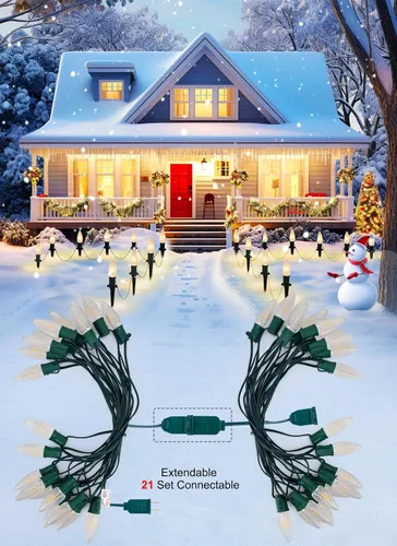 Vista 4 de Tira de luces LED estilo sendero de Navidad para exteriores; tira de 20 luces LED C9 con carcasa de fresa y estaca, interconectables, luz cálida
