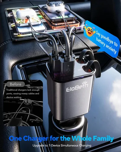 Vista 5 de EloBeth Cargador de coche retráctil de 120 W, cargador de coche 7 en 1 USB Cable gris-120W para Apple+Tipo C (actualizado)
