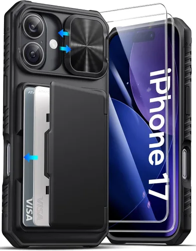 Vista 17 de ATATOO Funda tipo cartera para iPhone 17, tarjetero integrado (3-5 tarjetas), funda para cámara deslizante y bloqueo RFID, protección de grado Negro