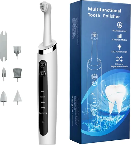 Vista 8 de Pulidor de dientes recargable, pulidor de dientes con 5 cabezales de repuesto y modos de limpieza, recargable por USB, impermeable IPx6, removedor