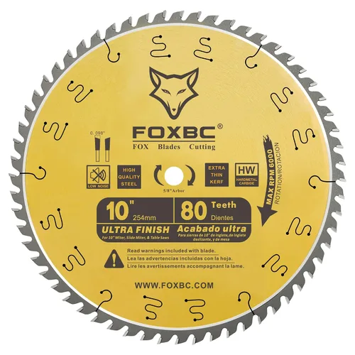 Vista 5 de FOXBC Hoja de sierra de mesa de 10 pulgadas, 80 dientes, corte ultra fino de madera, eje de 5/8 de pulgada