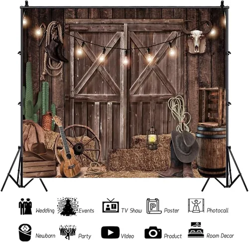 Vista 5 de Telón de fondo occidental para fiesta, decoración de fiesta de vaquero, telón de fondo de granero de 10 x 8 pies, pancarta del salvaje oeste