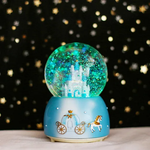 Vista 3 de Caja de música con forma de globo de nieve de castillo, luz musical, Navidad, casa de nieve Azul