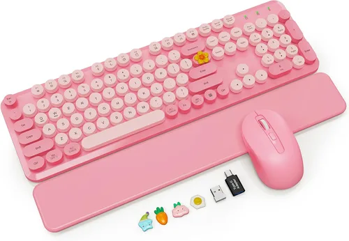 Vista 20 de Combo de teclado y mouse inalámbricos con reposamuñecas magnético, teclas redondas, teclado retro de tamaño completo, patas inclinables de dos Azul