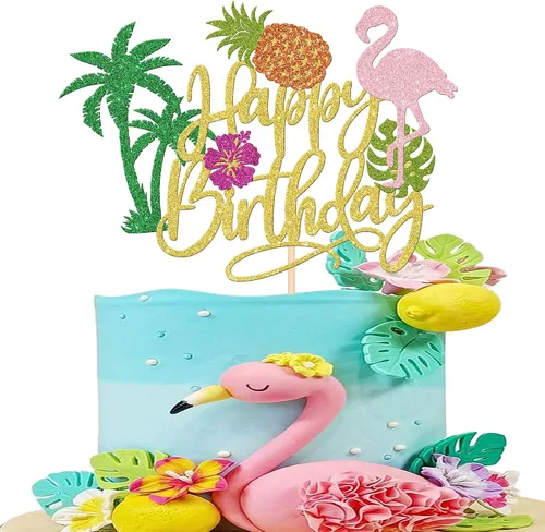 Vista 9 de 1 pieza de decoración de pastel de flamenco con purpurina para palmera, tortuga, hoja, flor, piña, flamenco, decoración para tartas tropicales