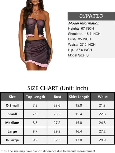 Vista 6 de Conjunto de 2 piezas para mujer, de malla transparente, con abertura frontal, sin tirantes y minifalda con volantes